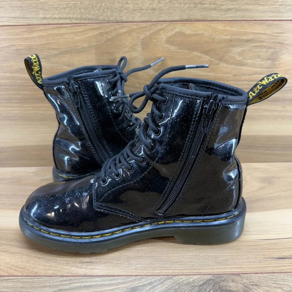 Dr Martens Big Girls Youth Size 3 Black Glitter Patent Leather Combat Boots 1460